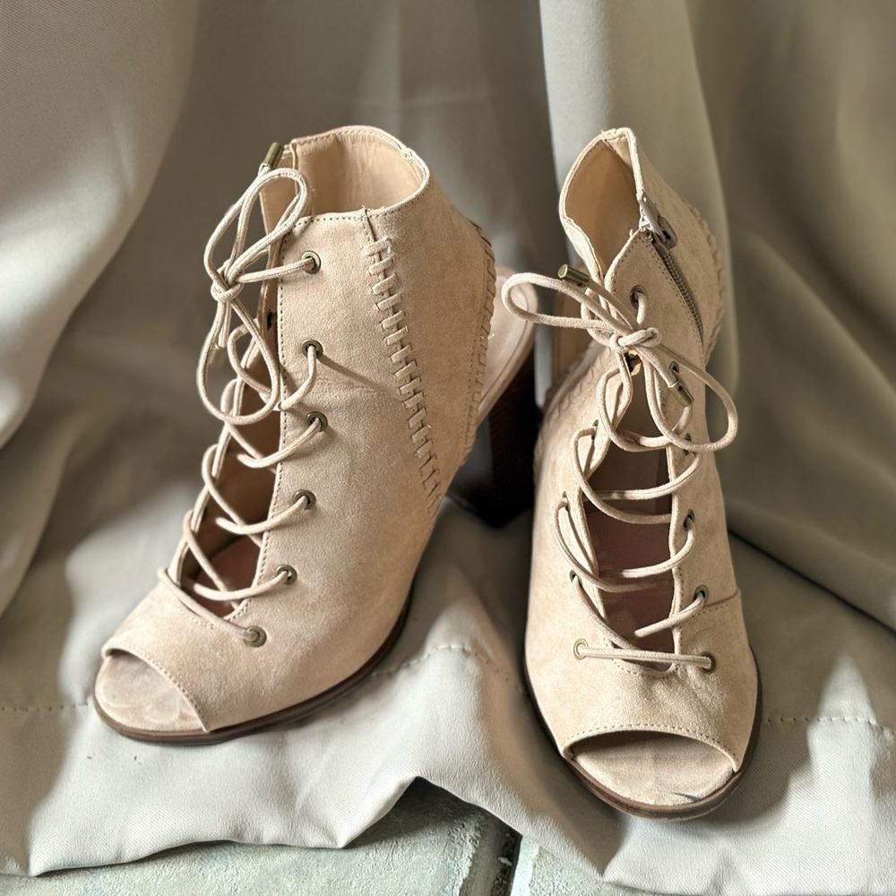 Mix No. 6 Lace-Up Peep Toe Block Heel Booties in Taupe